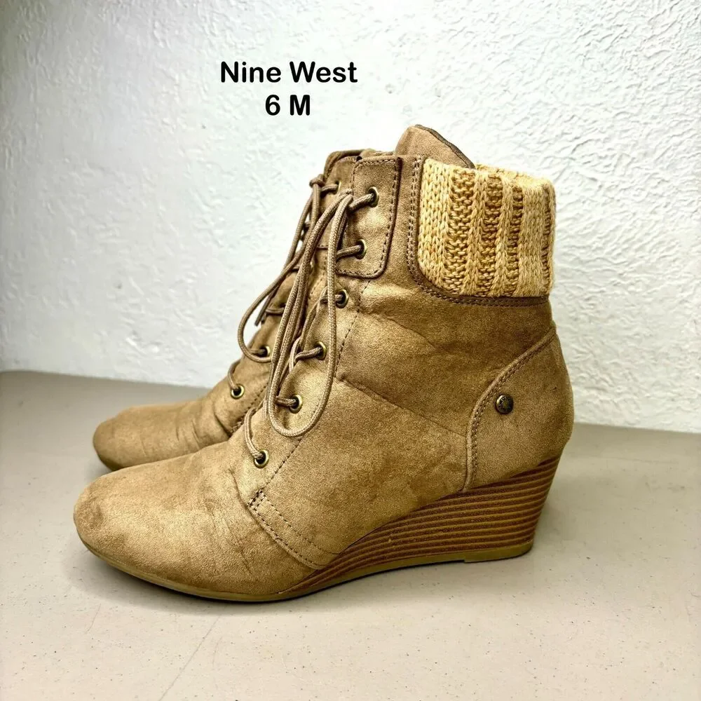 Nine West‎ Lotus Brown Fabric Mid Wedge Ankle Bootie Womens Size 6M